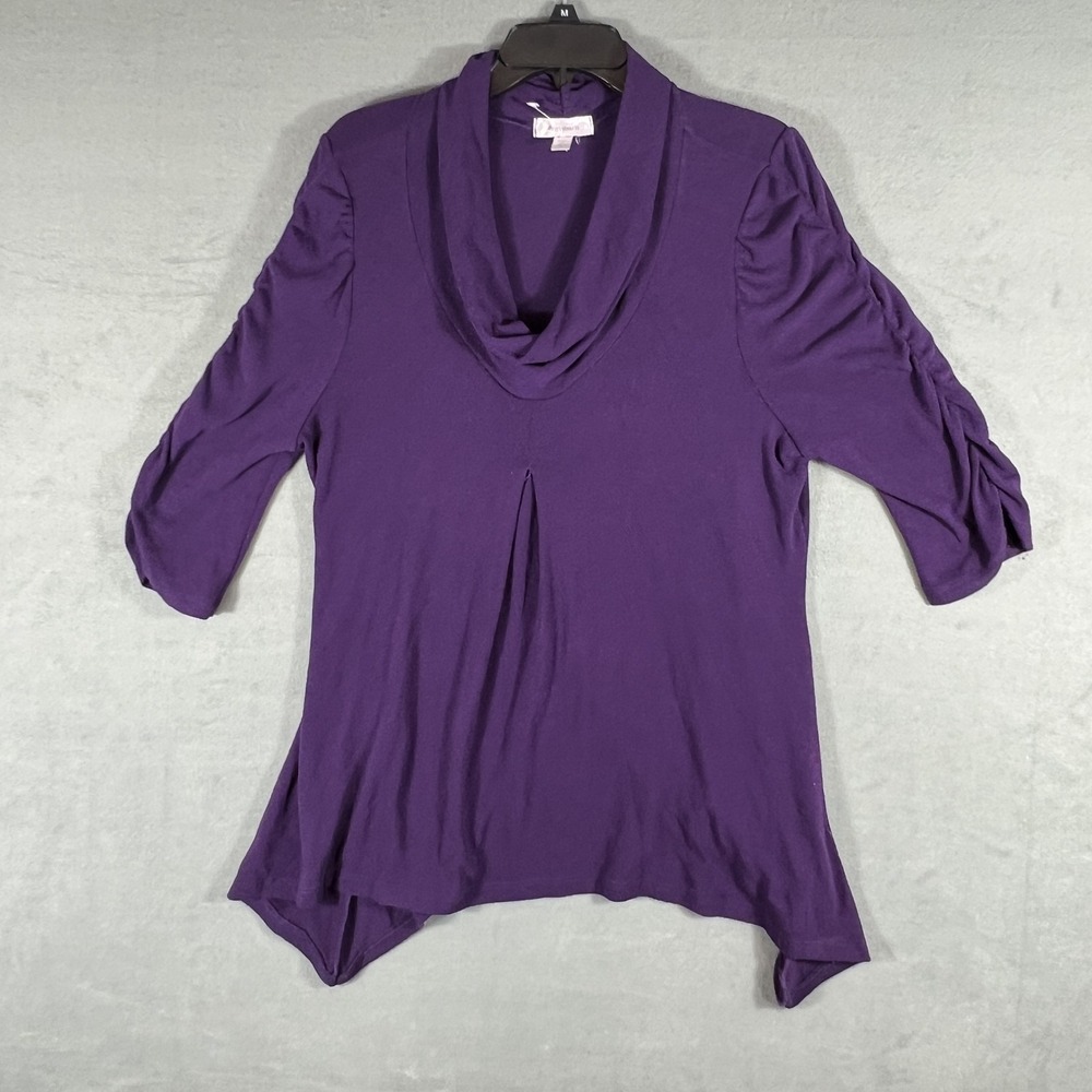 Dressbarn Women's Plus 1X Purple‎ Cowl Neck Ruched Sleeve Asymmetrical Tunic Top